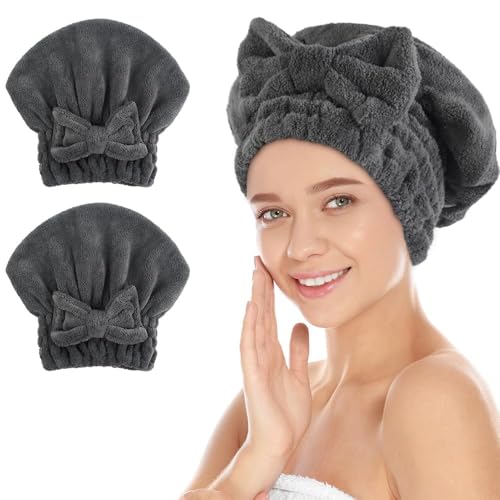SUNLAND Large Microfiber Hair Drying Caps with Bow knot Fast Drying Shower Cap Soft and Absorbent hairWrap Hair Turban Bath Caps for Curly Thick and wet Hair 11 X 134 inch 2 Pack Dgrey - Image 1